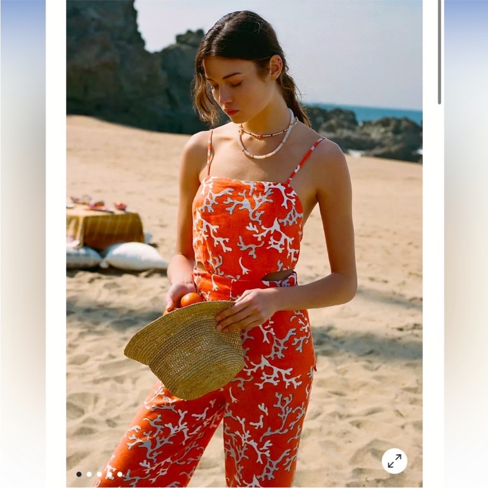 Maeve Womens Size 4 Riviera Orange Sea Coral Print Linen Jumpsuit Pockets NWT